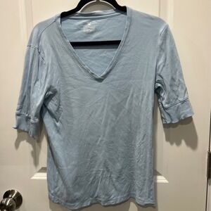 Jones New York Sport Blue V Neck T Shirt Top Womens Size L G Cotton 3/4 Sleeve